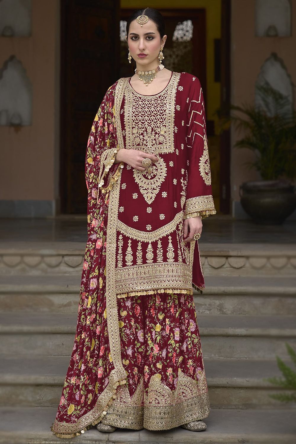 Maroon Multi Print Silk Embroidered Sharara Suit