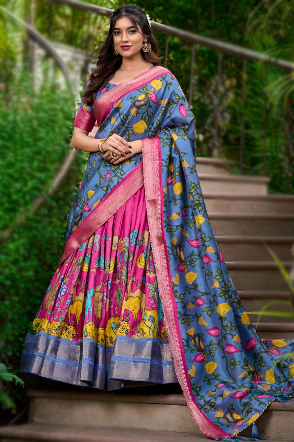 Pink Kalamkari Printed Dola Silk Lehenga Choli