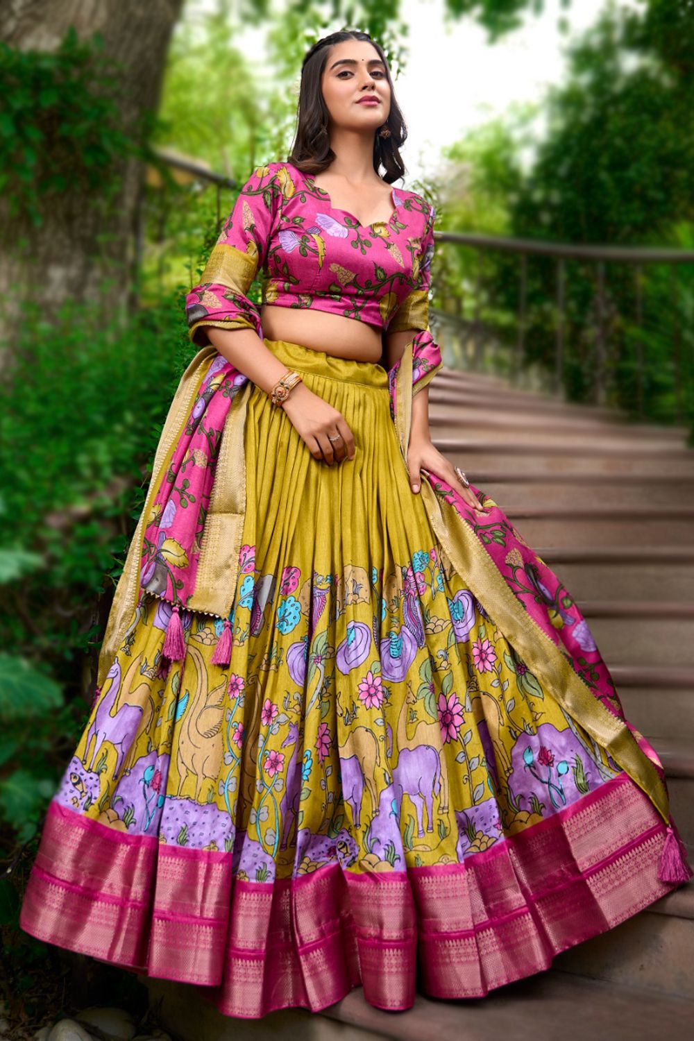 Yellow Kalamkari Printed Dola Silk Lehenga Choli
