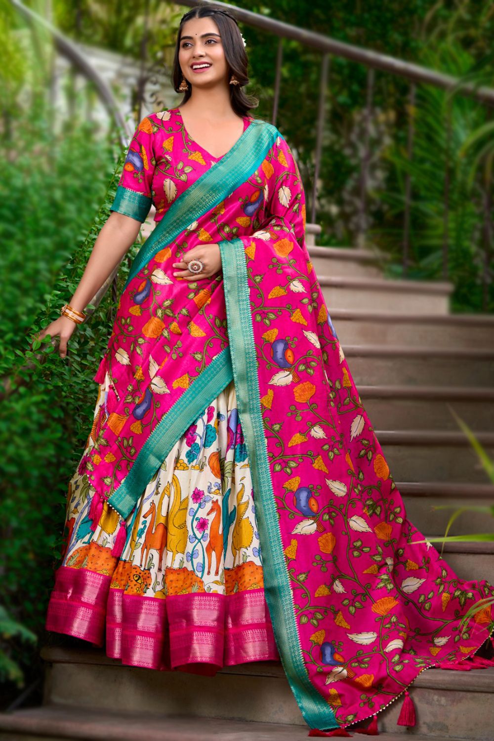 Ruby Pink Kalamkari Printed Dola Silk Lehenga Choli