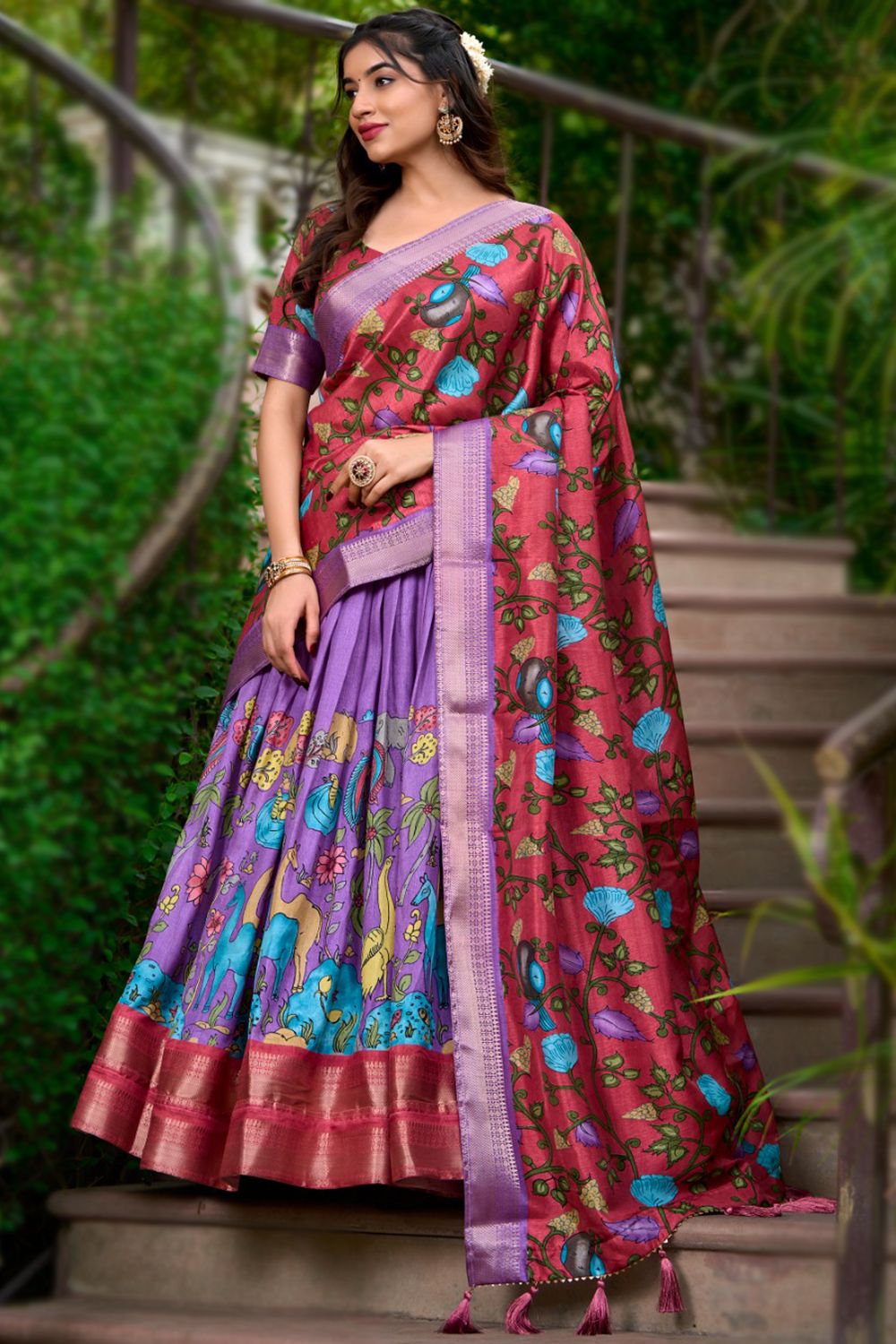 Maroon Kalamkari Printed Dola Silk Lehenga Choli