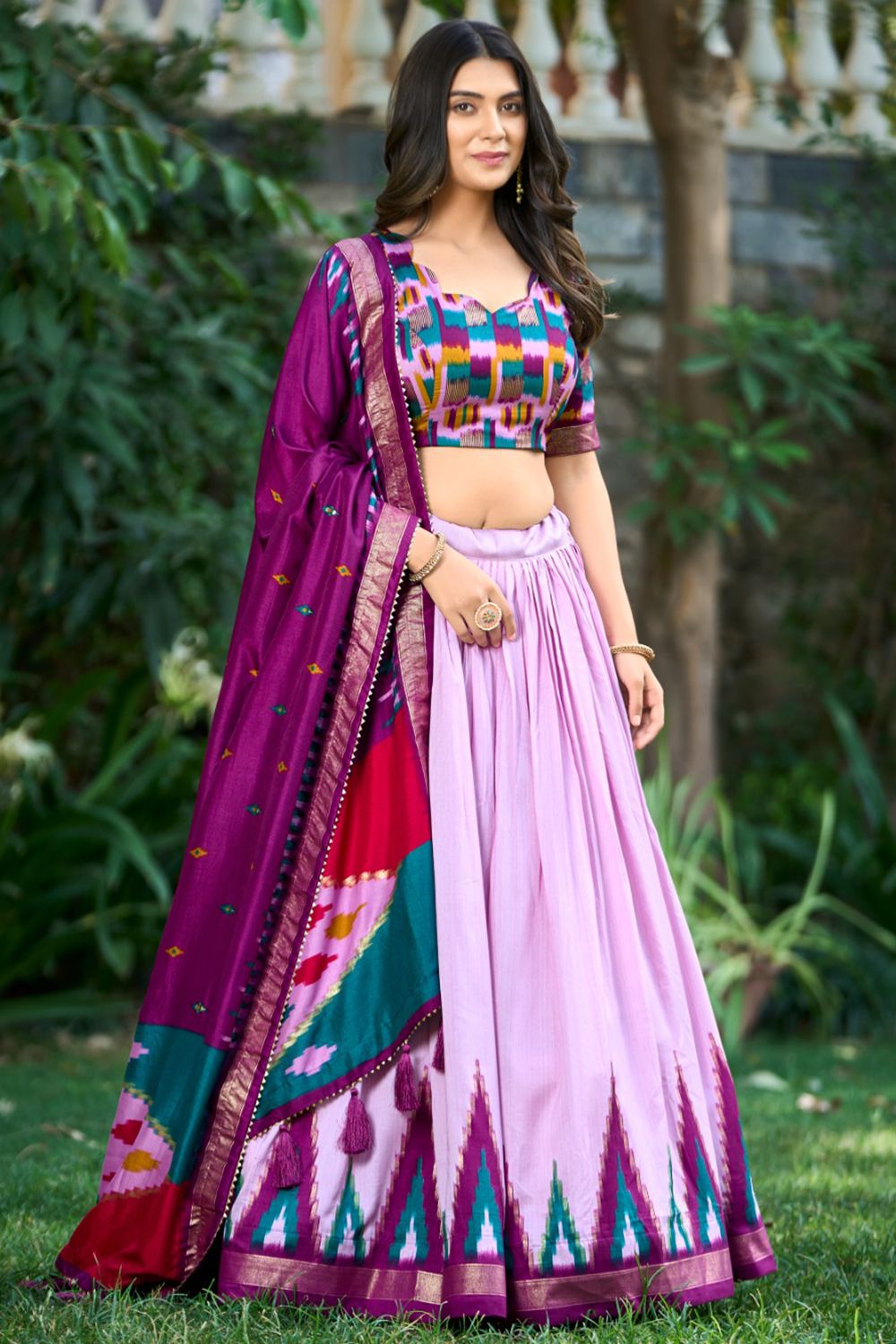Dusty Pink Multi Print Silk Lehenga Choli