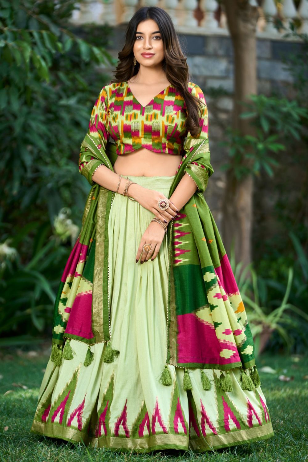 Light Green Multi Print Silk Lehenga Choli