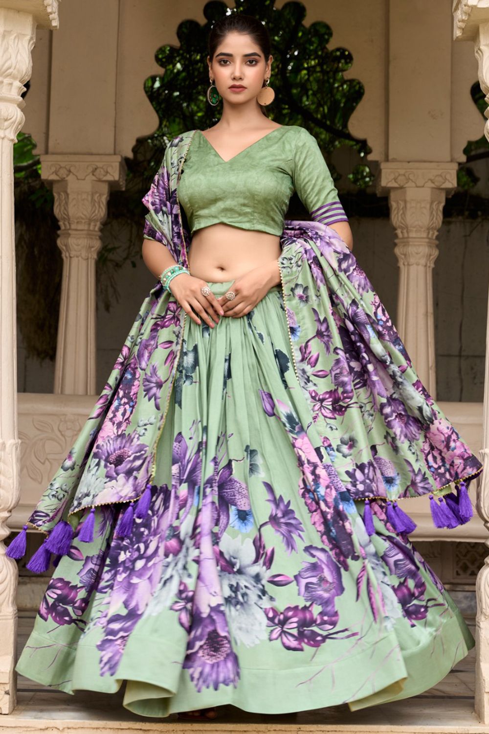 Pista Green Multi Print Silk Lehenga Choli