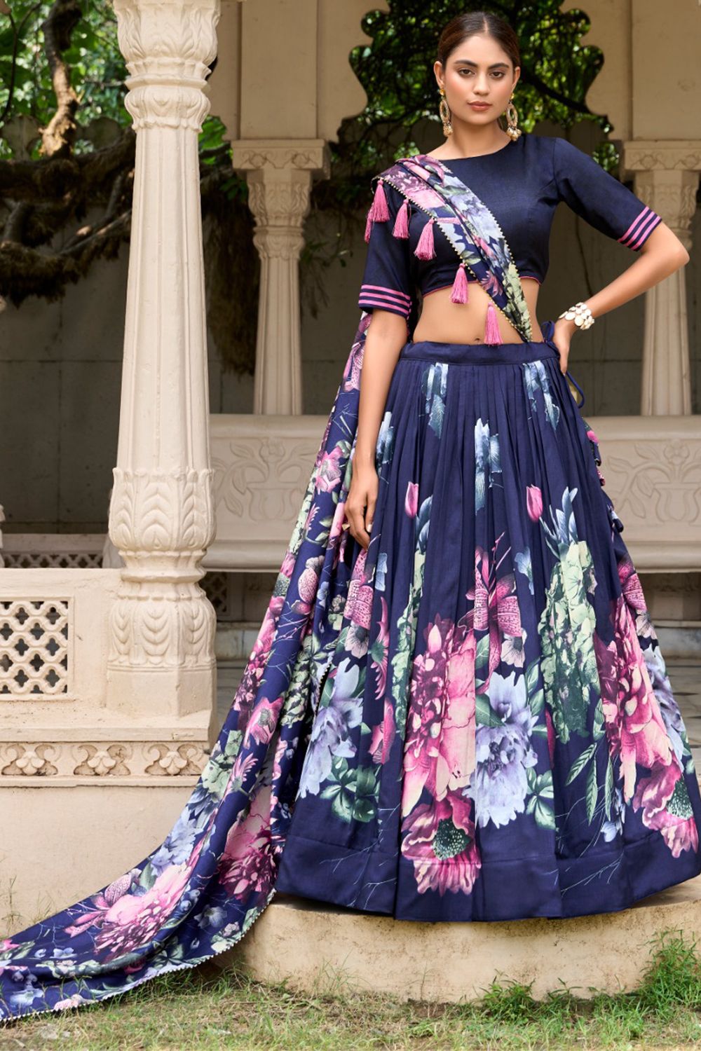 Navy Blue Multi Print Silk Lehenga Choli