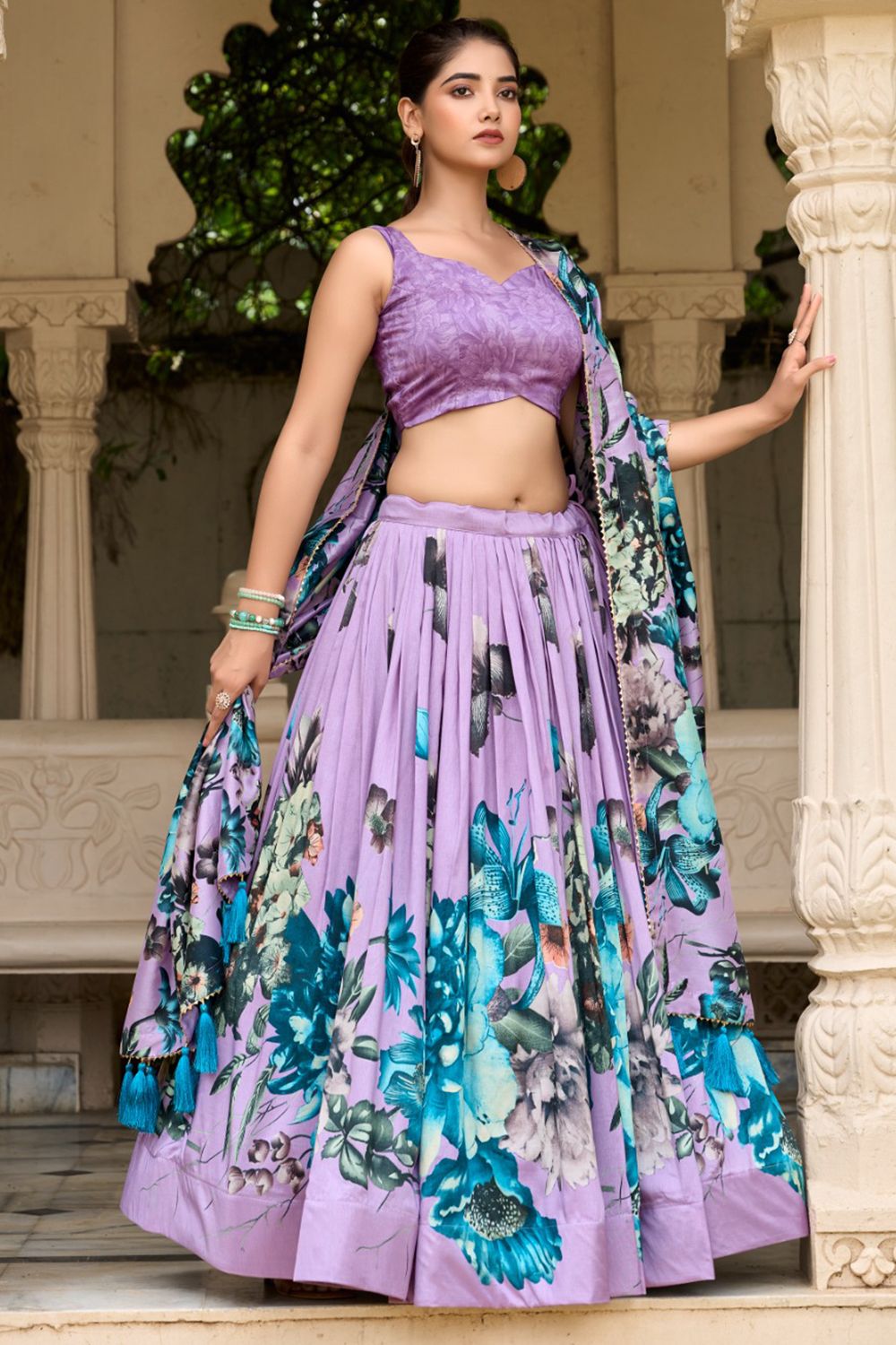 Lilac Blue Multi Print Silk Lehenga Choli
