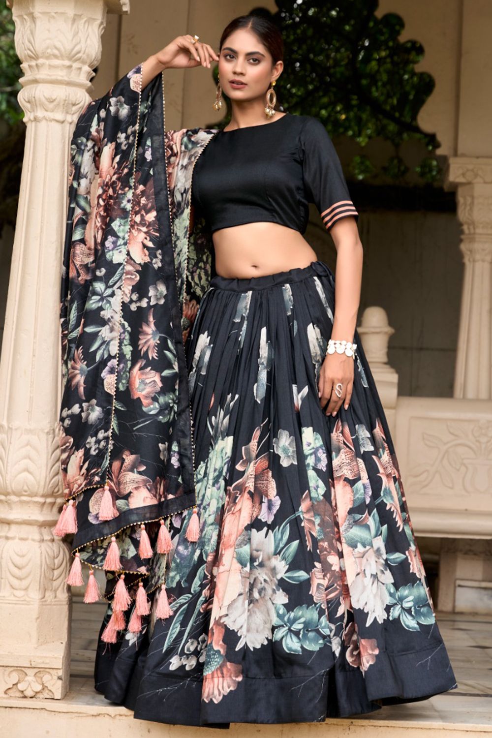 Black Multi Print Silk Lehenga Choli