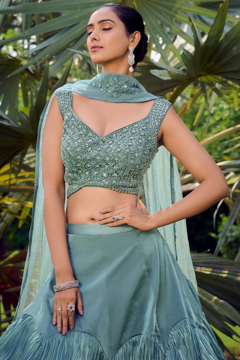 Teal Blue Foral Embroidered Silk Lehenga Choli