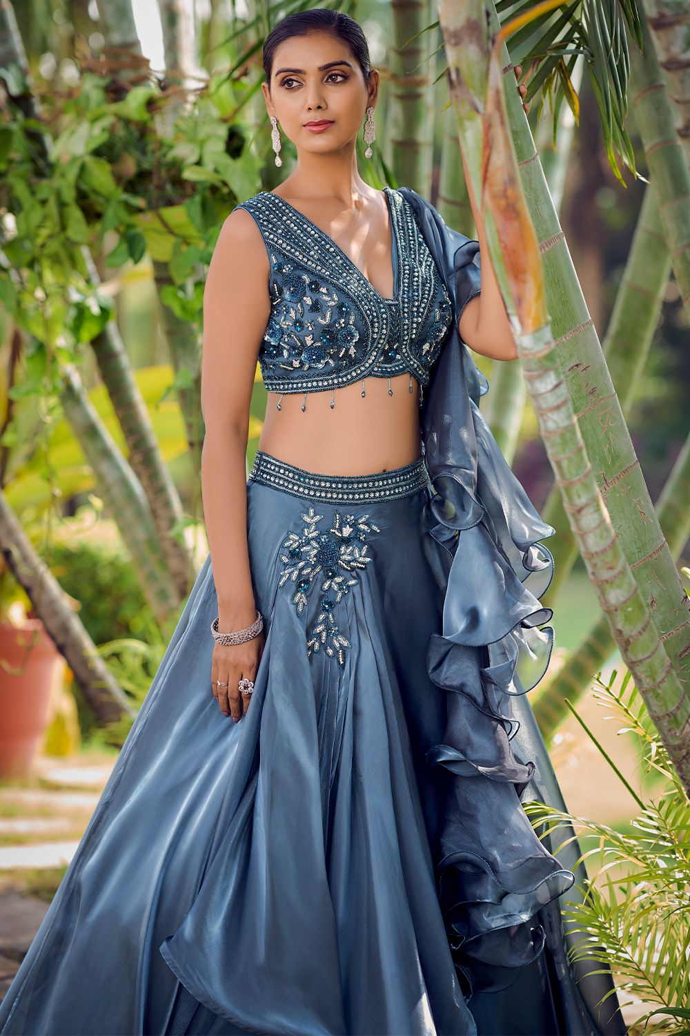 Blue Foral Embroidered Silk Lehenga With Ruffle Choli