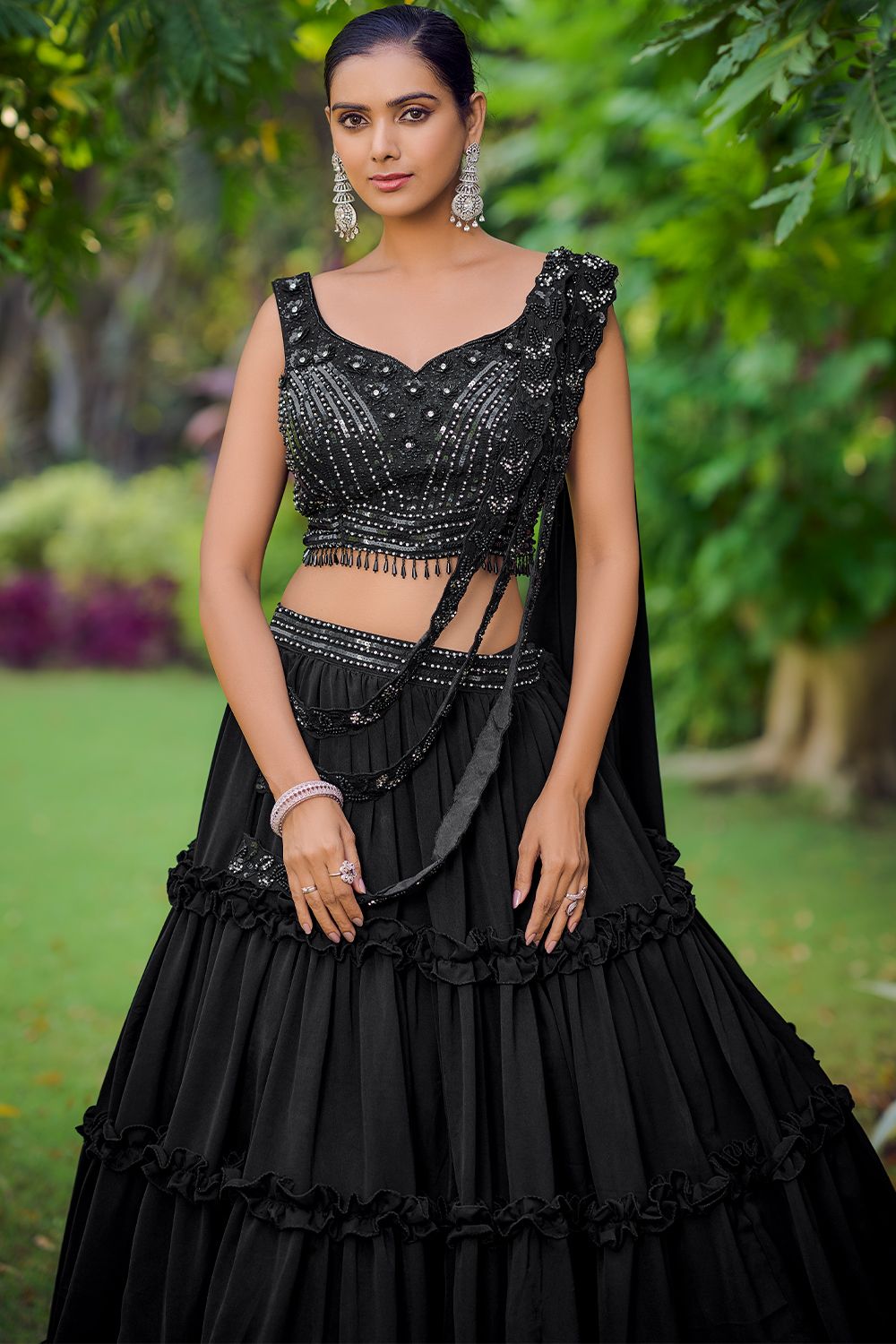 Black Foral Embroidered Silk Lehenga Choli