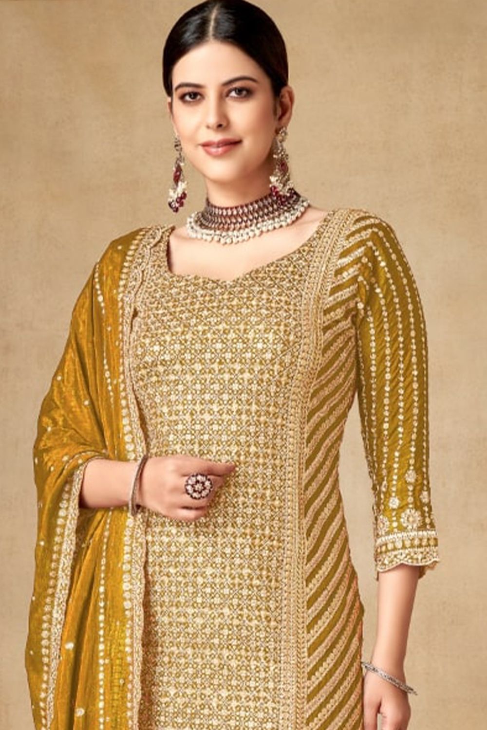 Mustard Yellow Zari Work Chinon Sharara Suit Set