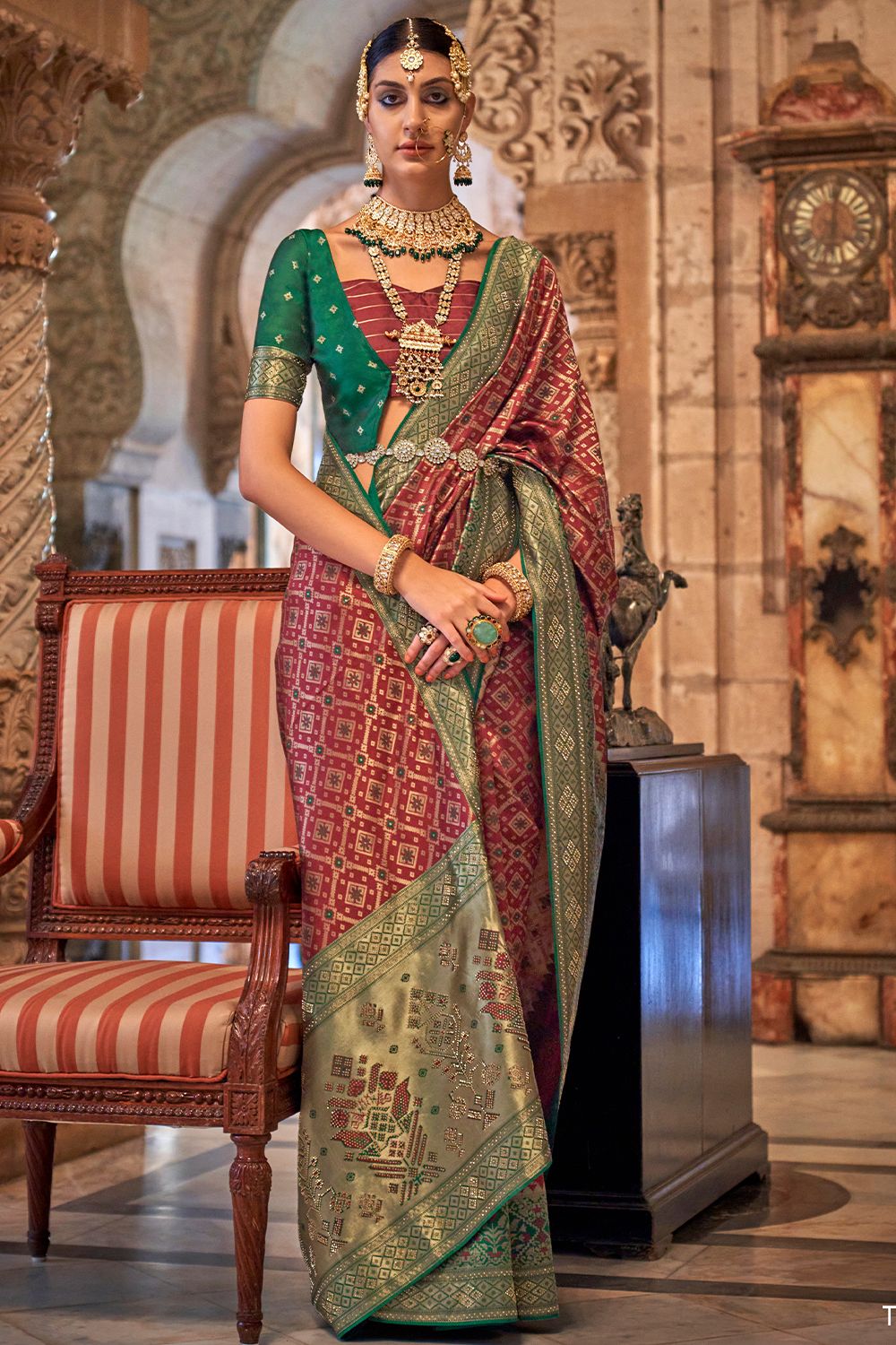 Red Banarasi Silk Saree With Green Border
