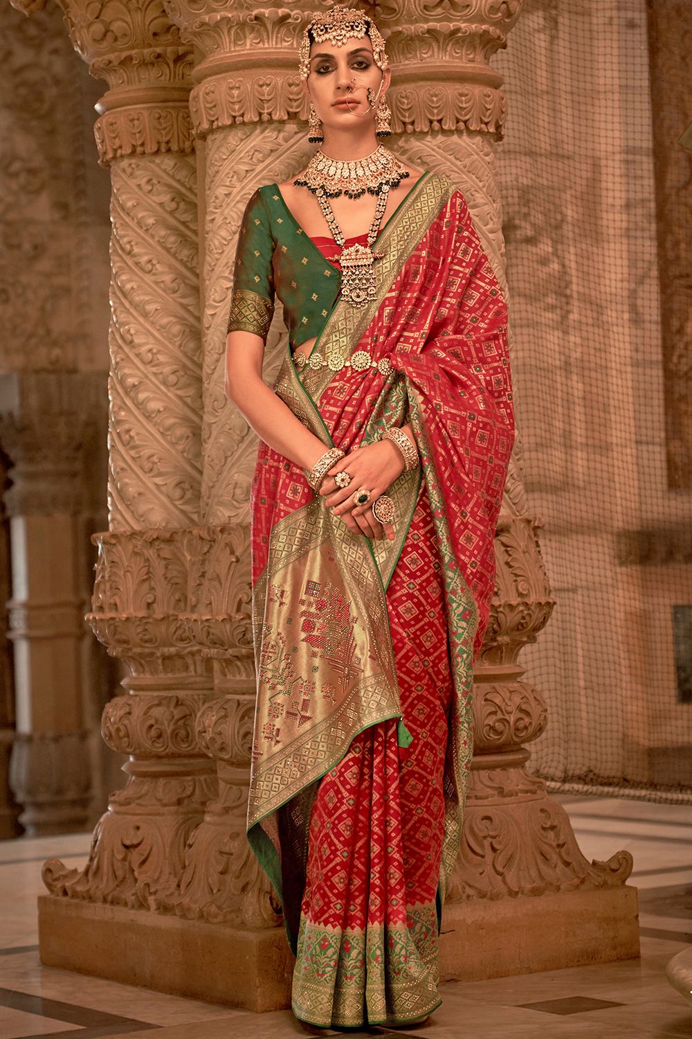Red Banarasi Silk Saree With Light Green Border