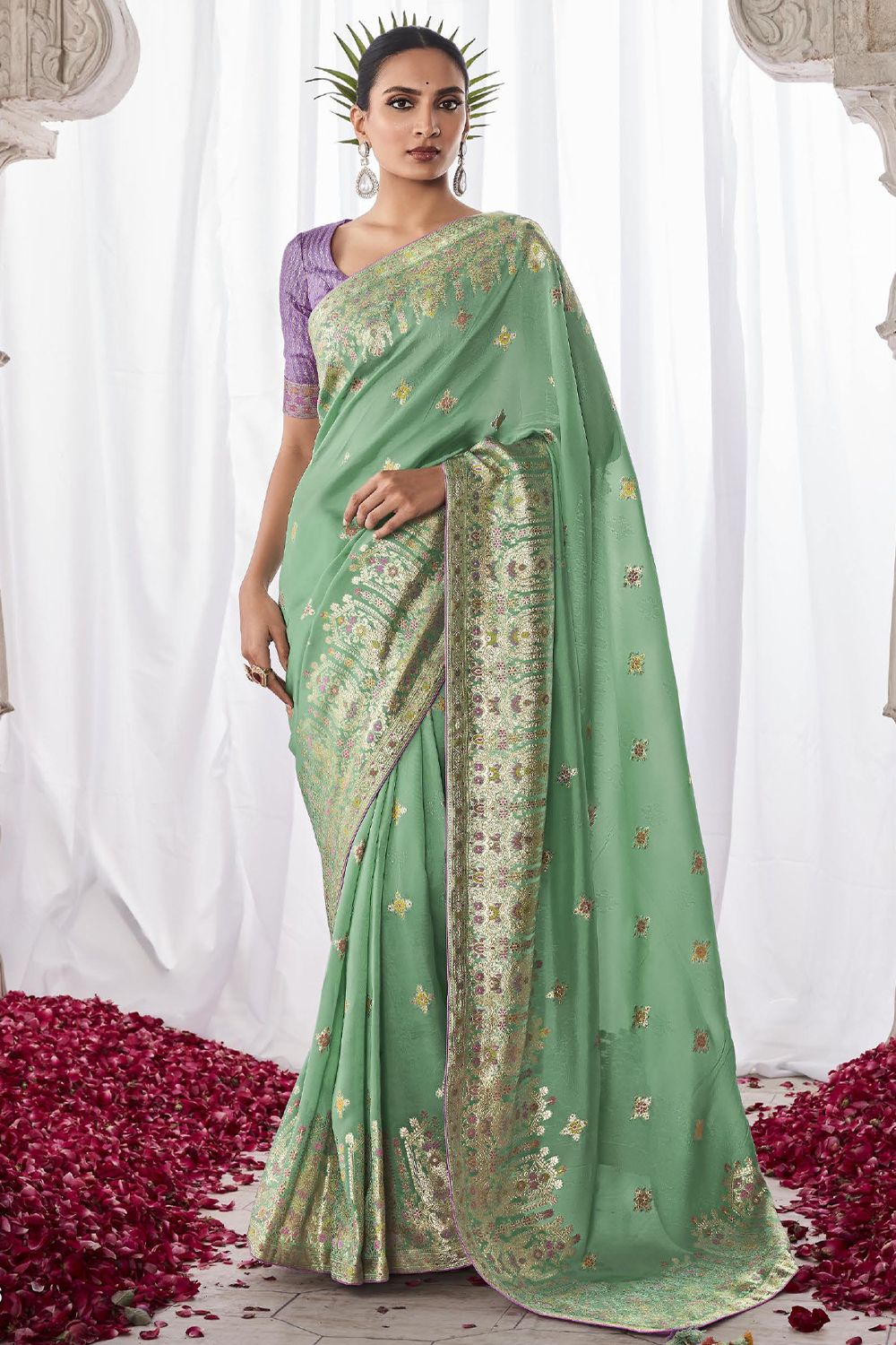 Pistachio Green Silk Minakari Saree 