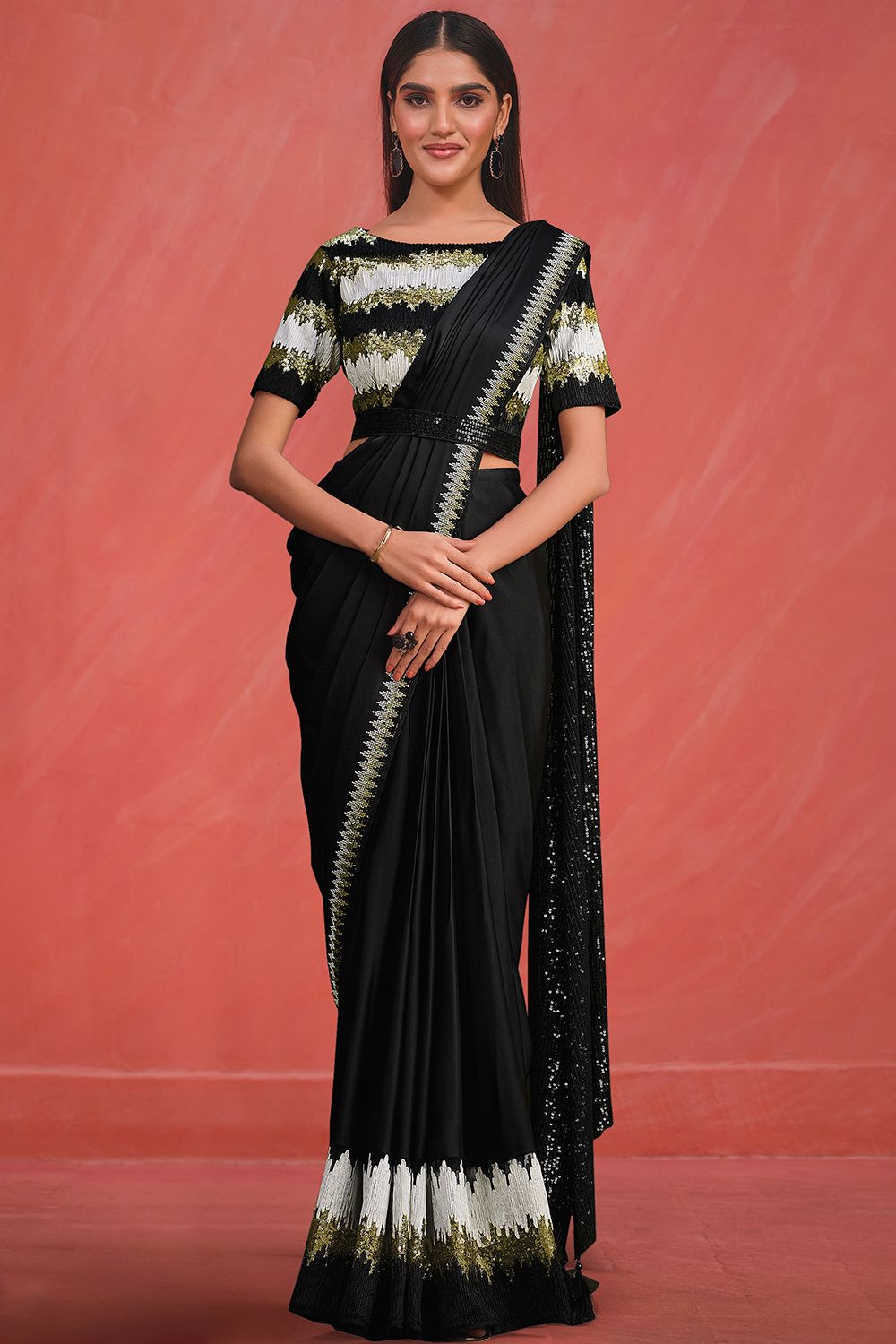 Black Sequins Work Satin Saree