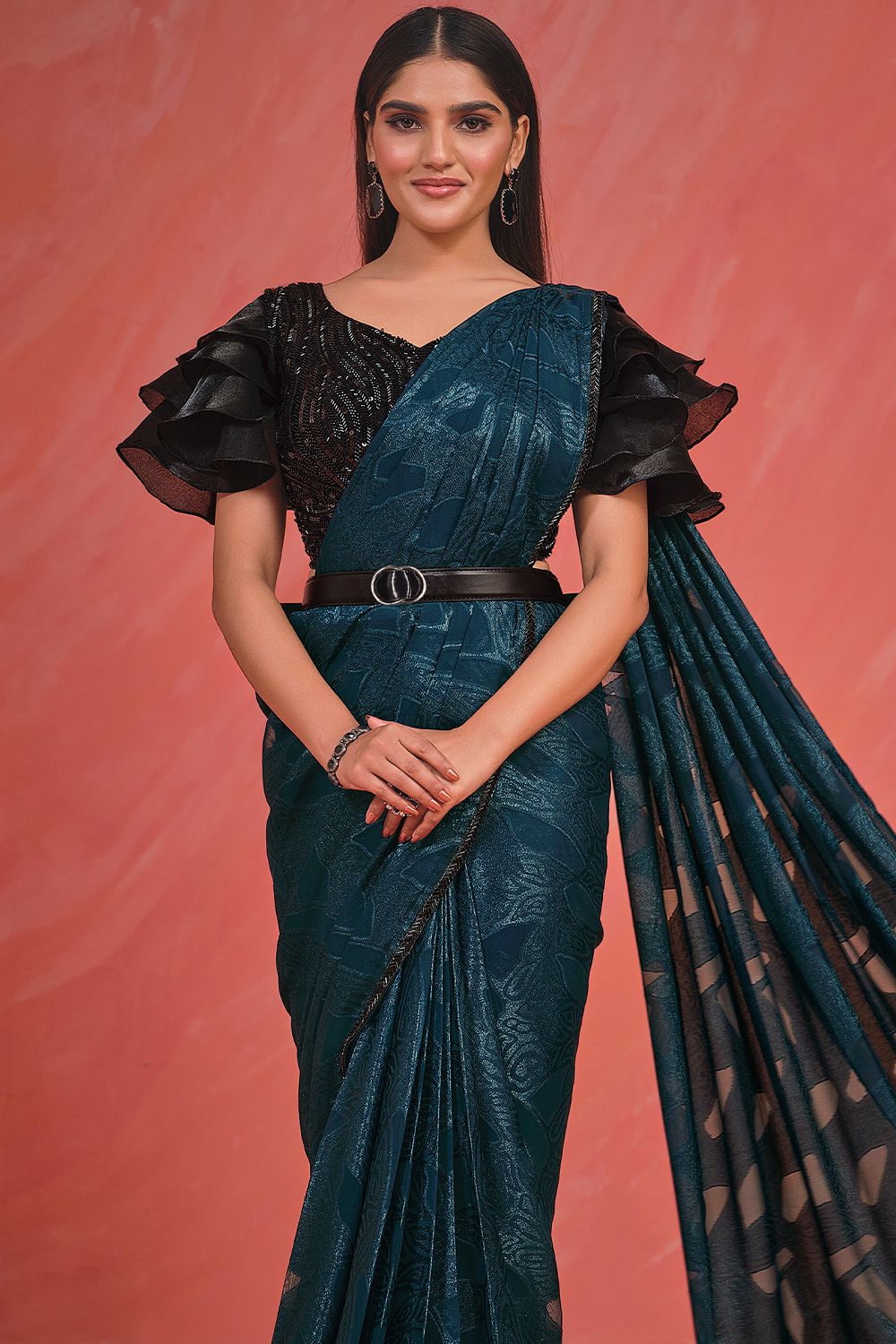 Navy Blue Sequins Satin Saree