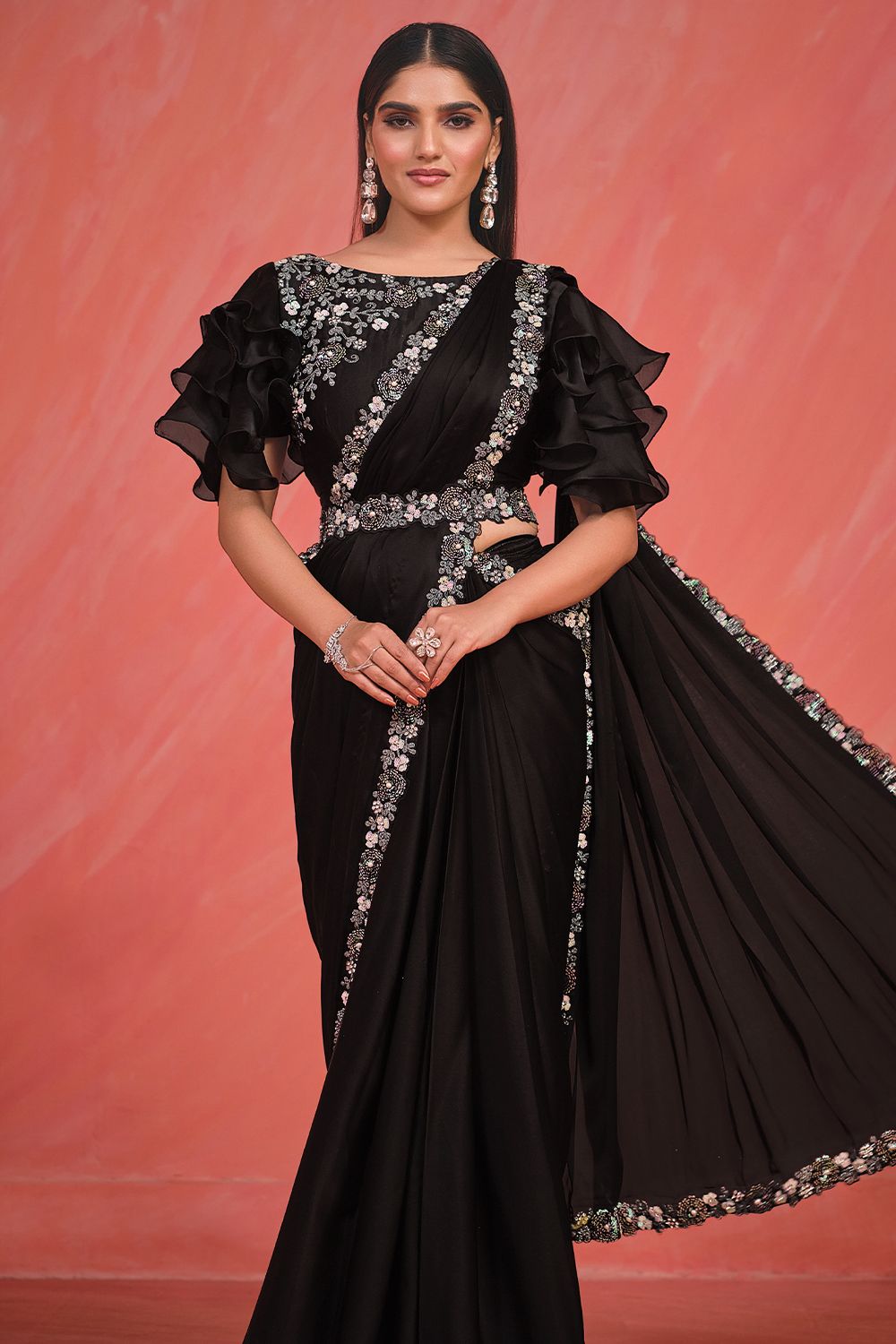 Black Sequins Satin Saree