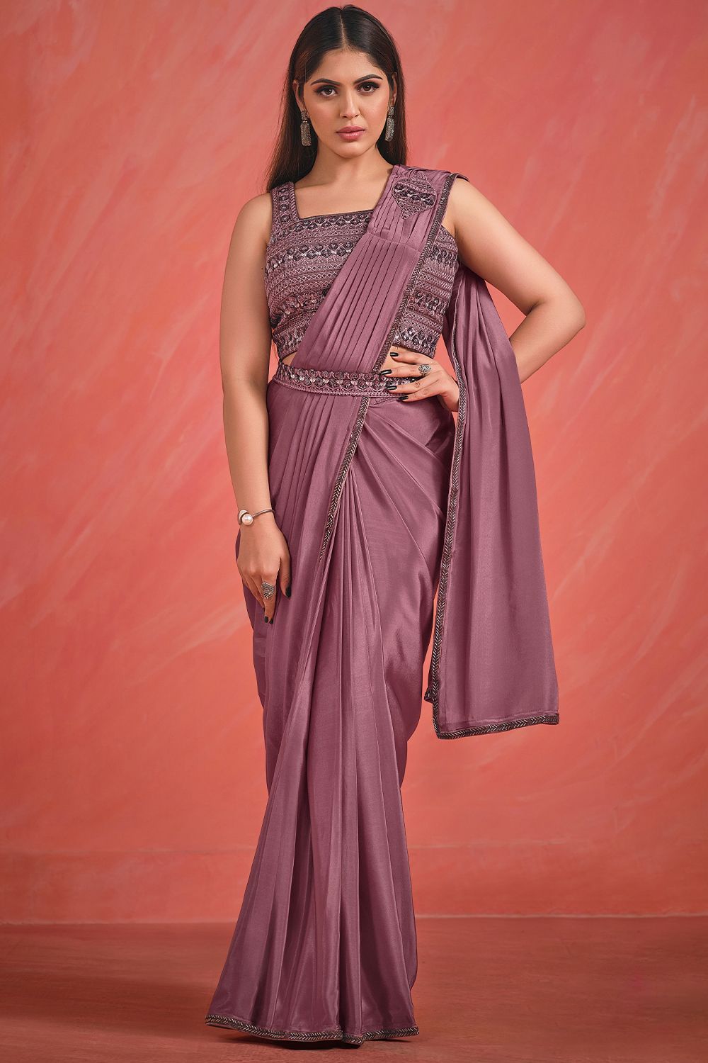 Lavender Blue Sequins Satin Saree