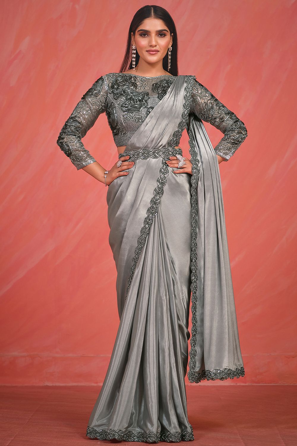 Ash Sequins Satin Saree