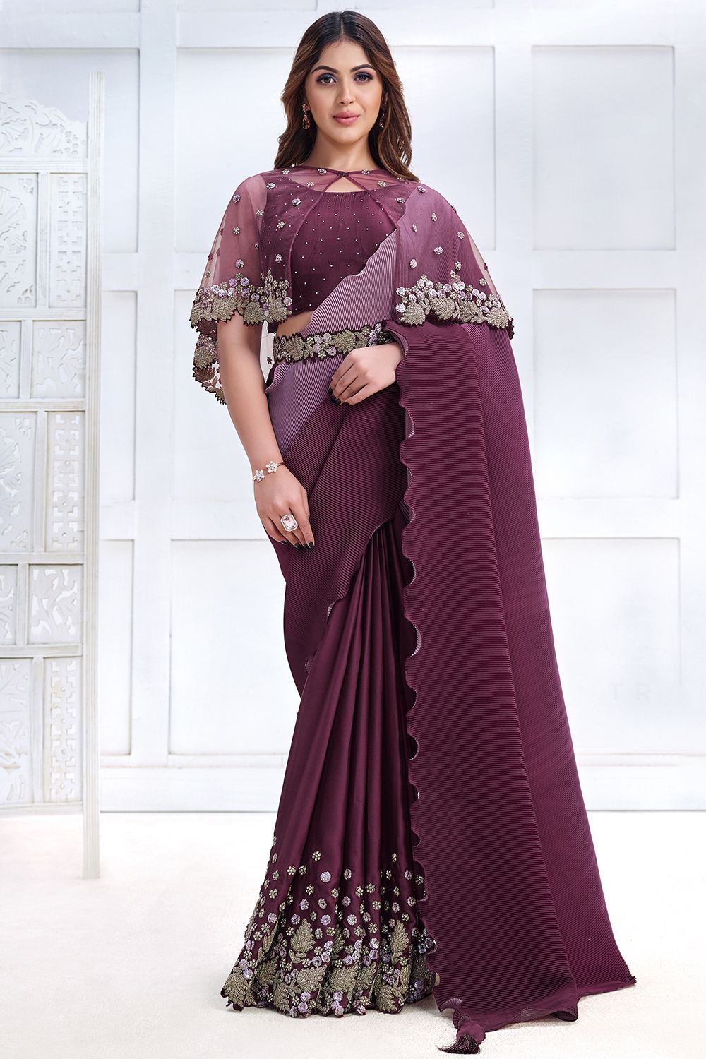 Magenta Embroidered Satin Saree