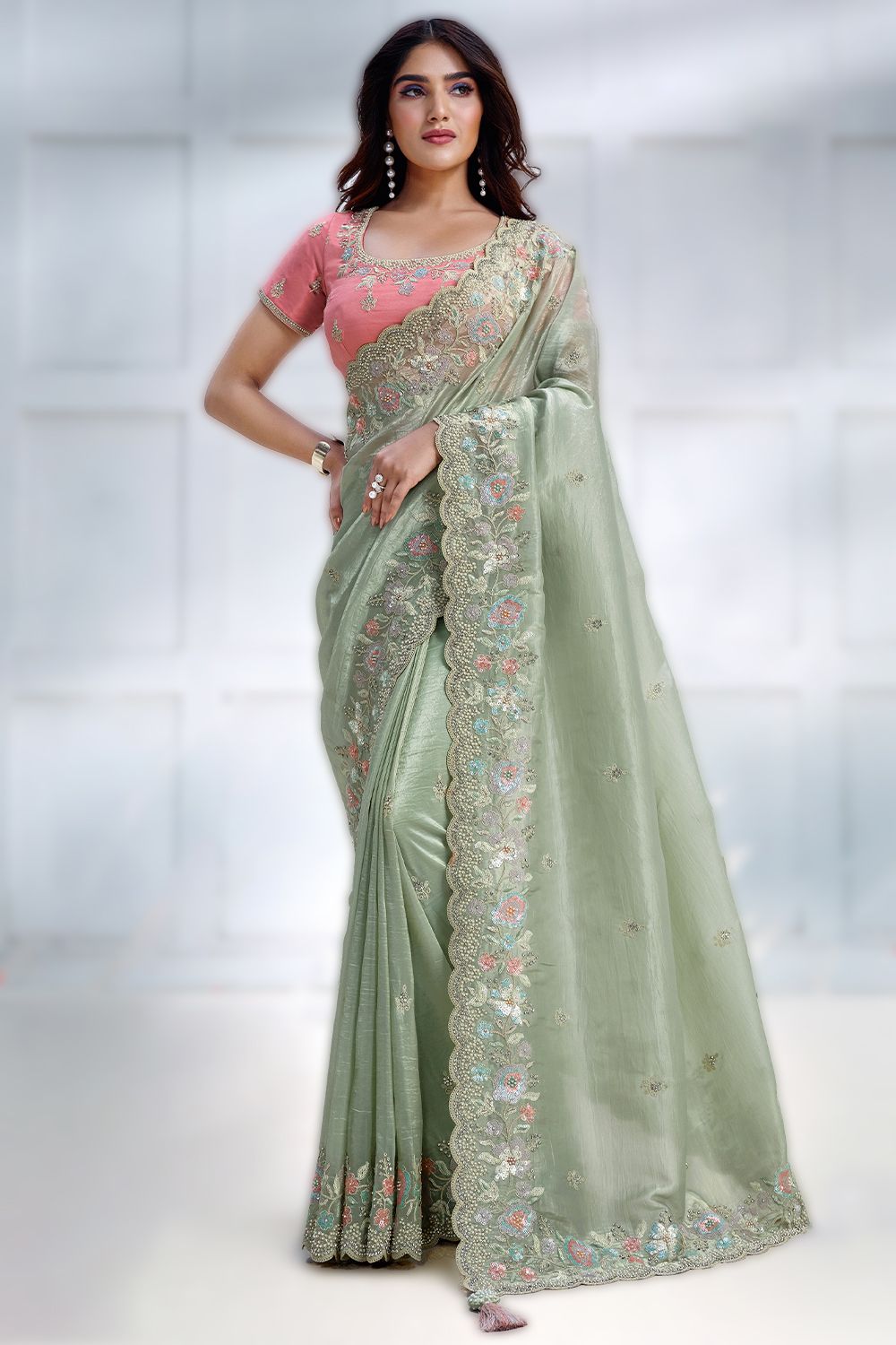 Spring Green Embroidered Satin Saree