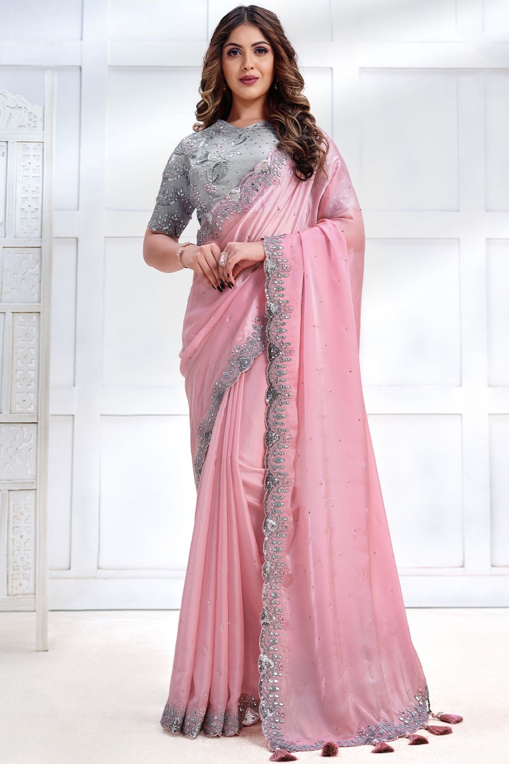 Blush Pink Embroidered Satin Saree