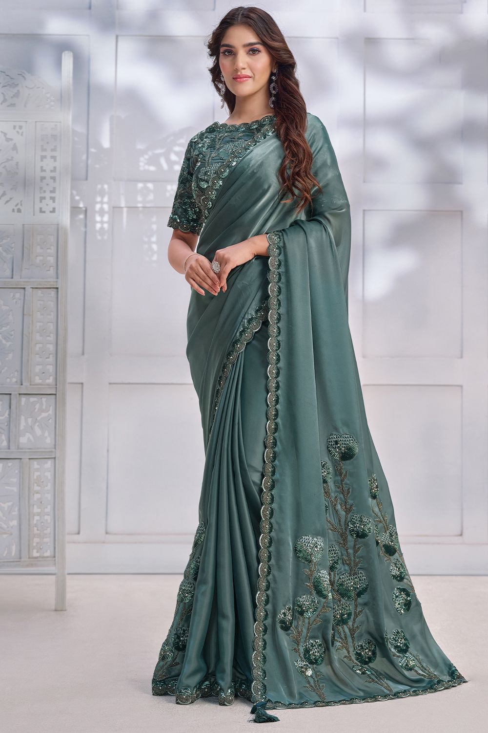 Sage Green Embroidered Satin Saree