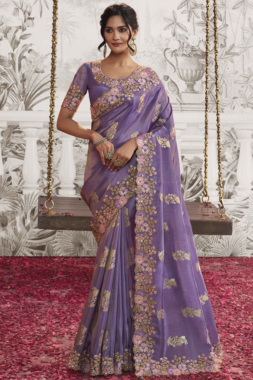 Violet Heavy Embroidered Satin Saree With Embellishment
