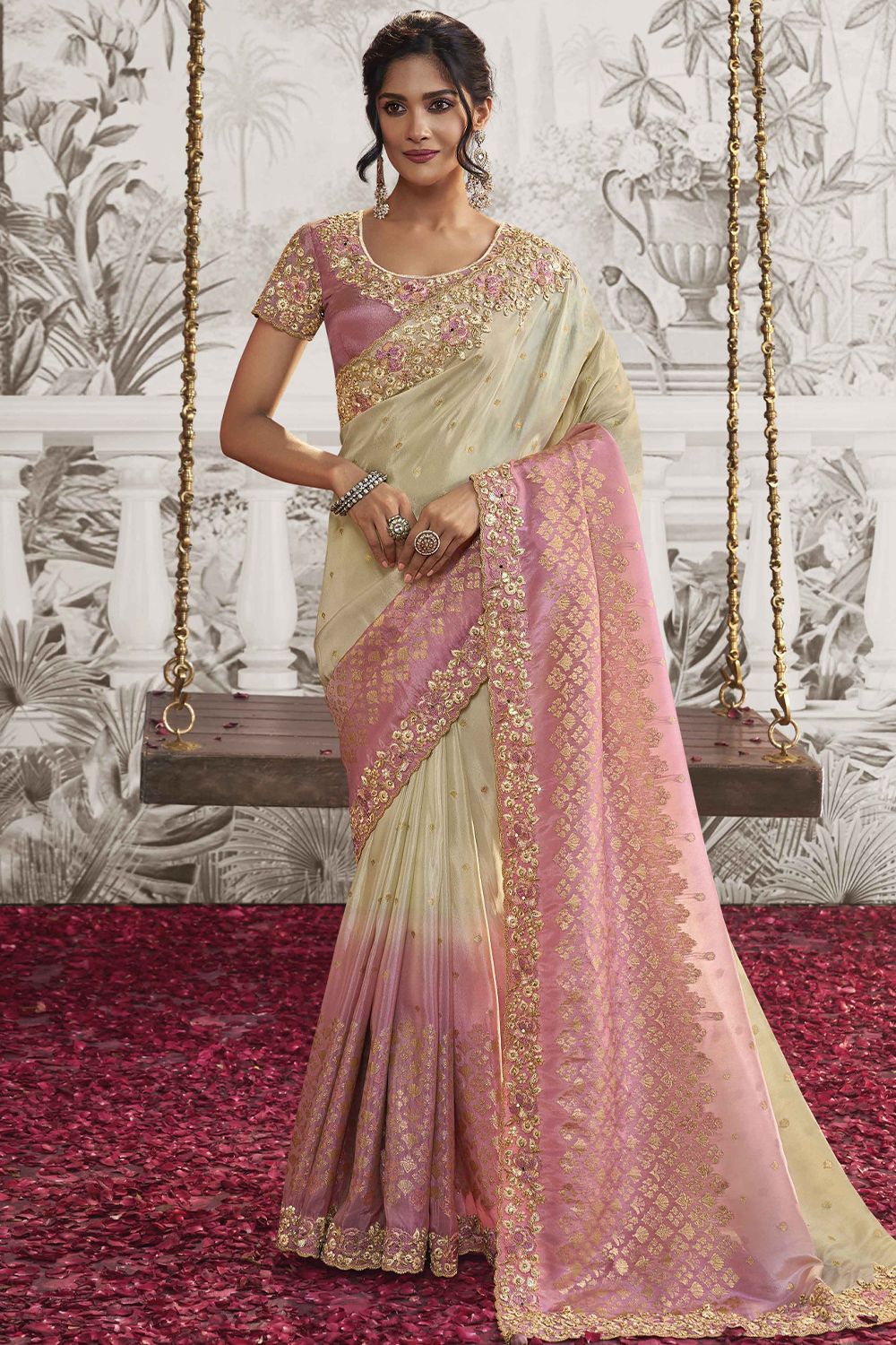 Ivory Heavy Embroidered Satin Saree With Embellishment