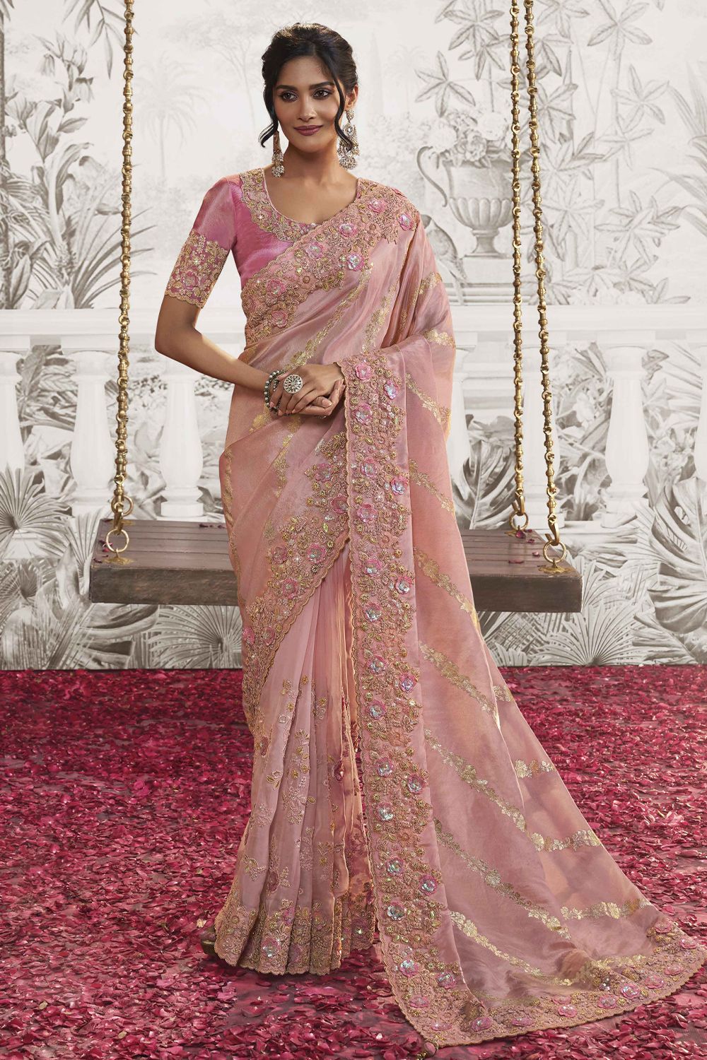 Blush Pink Heavy Embroidered Satin Saree With Embelishment