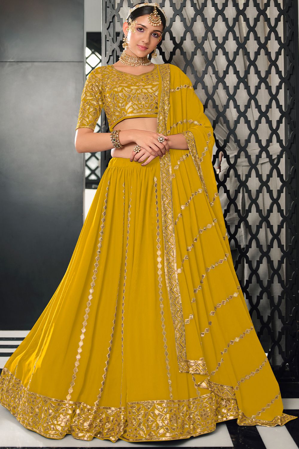 Yellow Sequins Embroidered Georgette Lehenga Choli