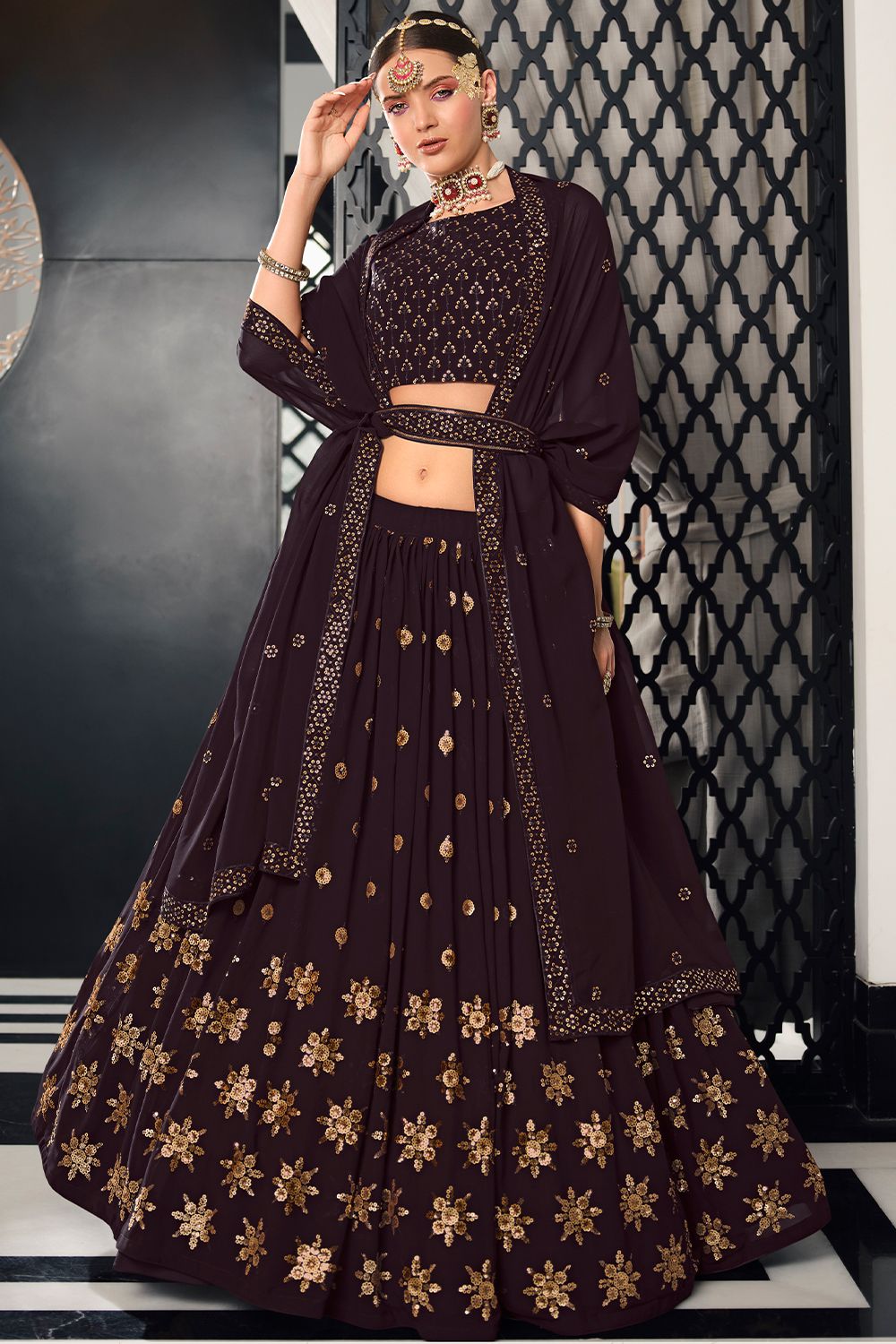 Dark Maroon Sequins Embroidered Georgette Lehenga Choli