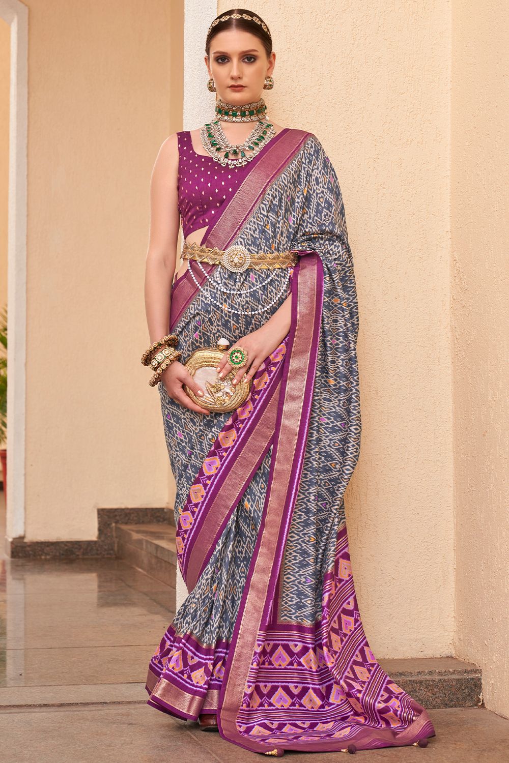 Grey Ikat Silk Saree