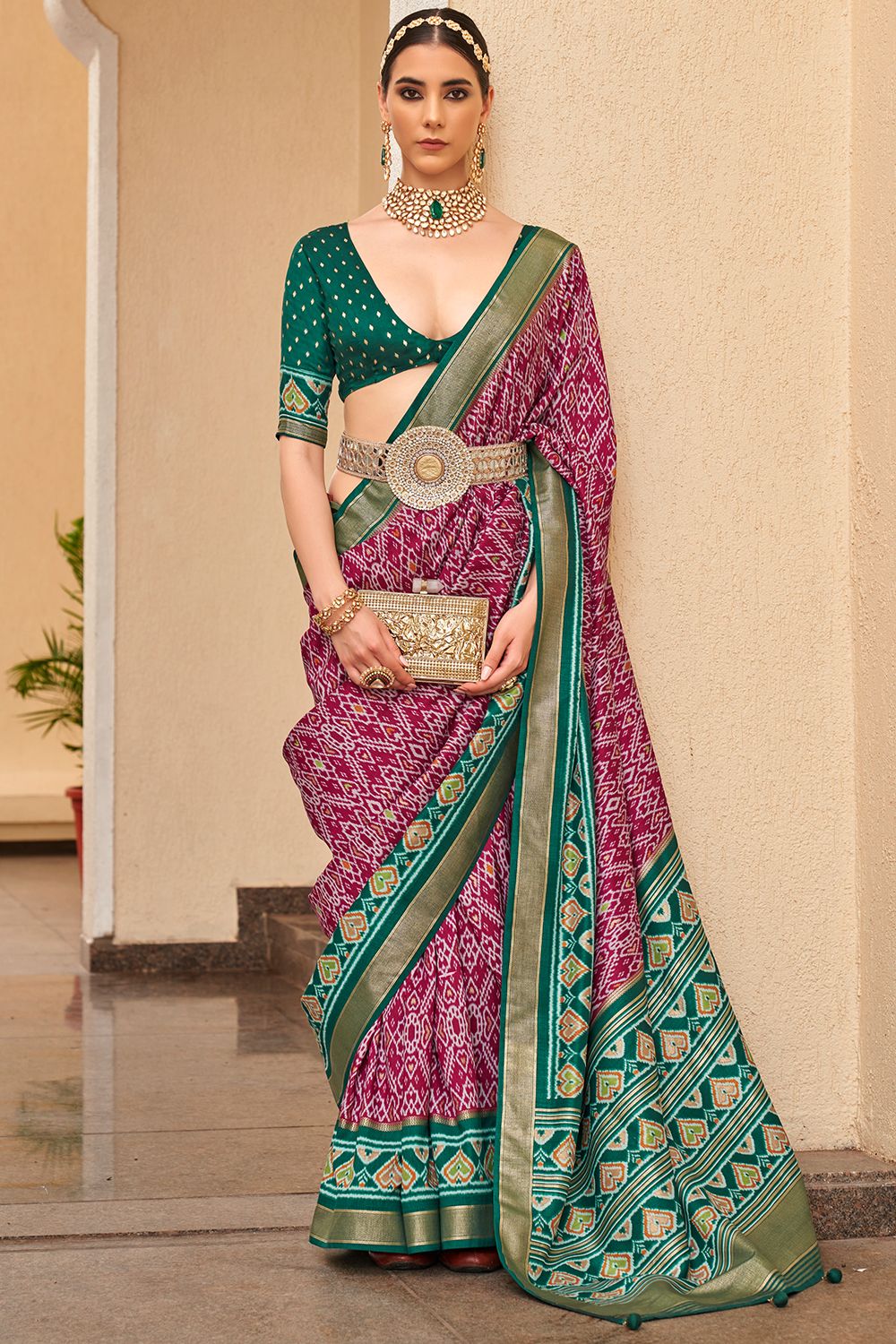 Wine Maroon Ikat Silk Saree