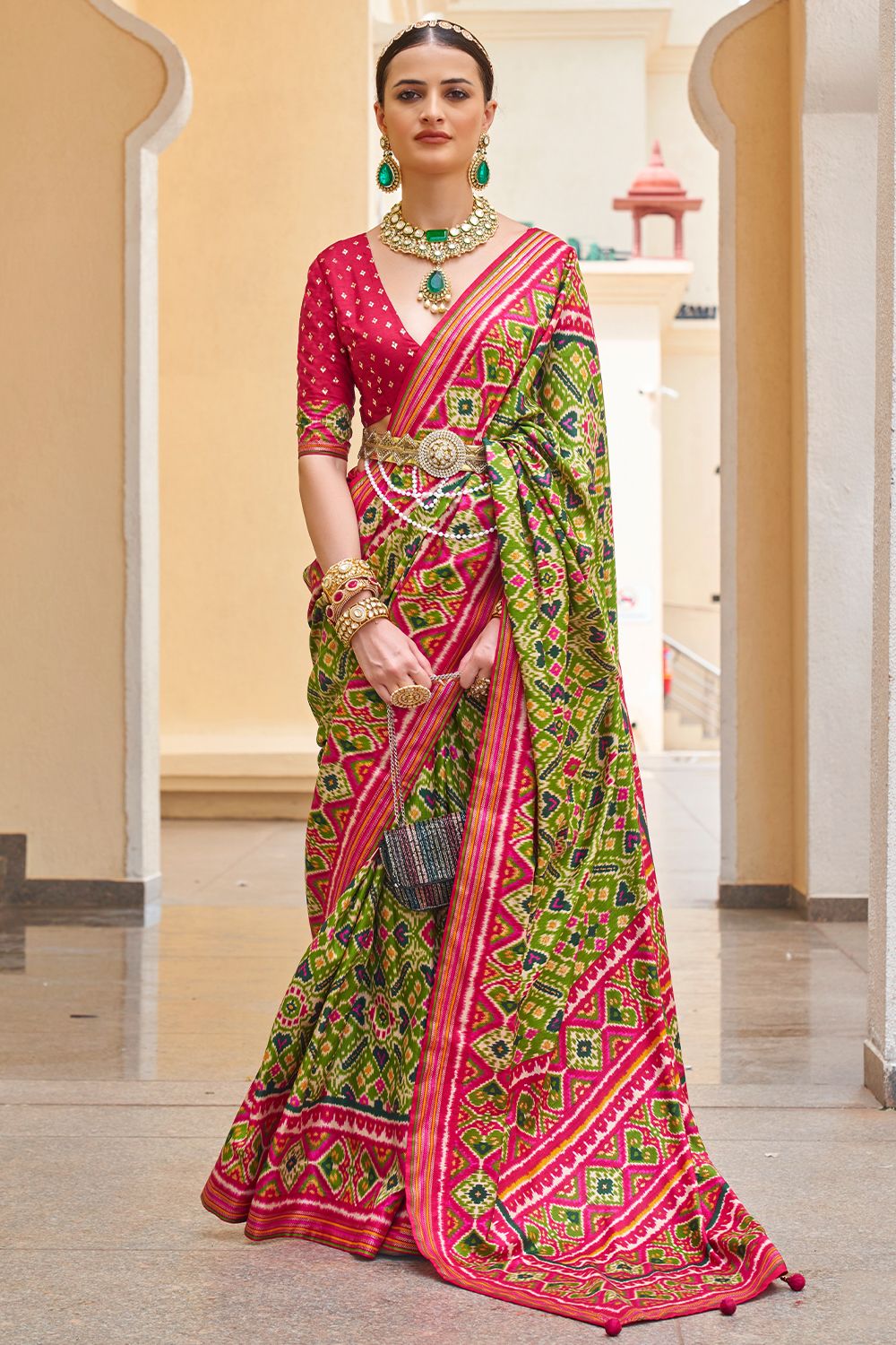 Olive Green Foil Print Silk Saree