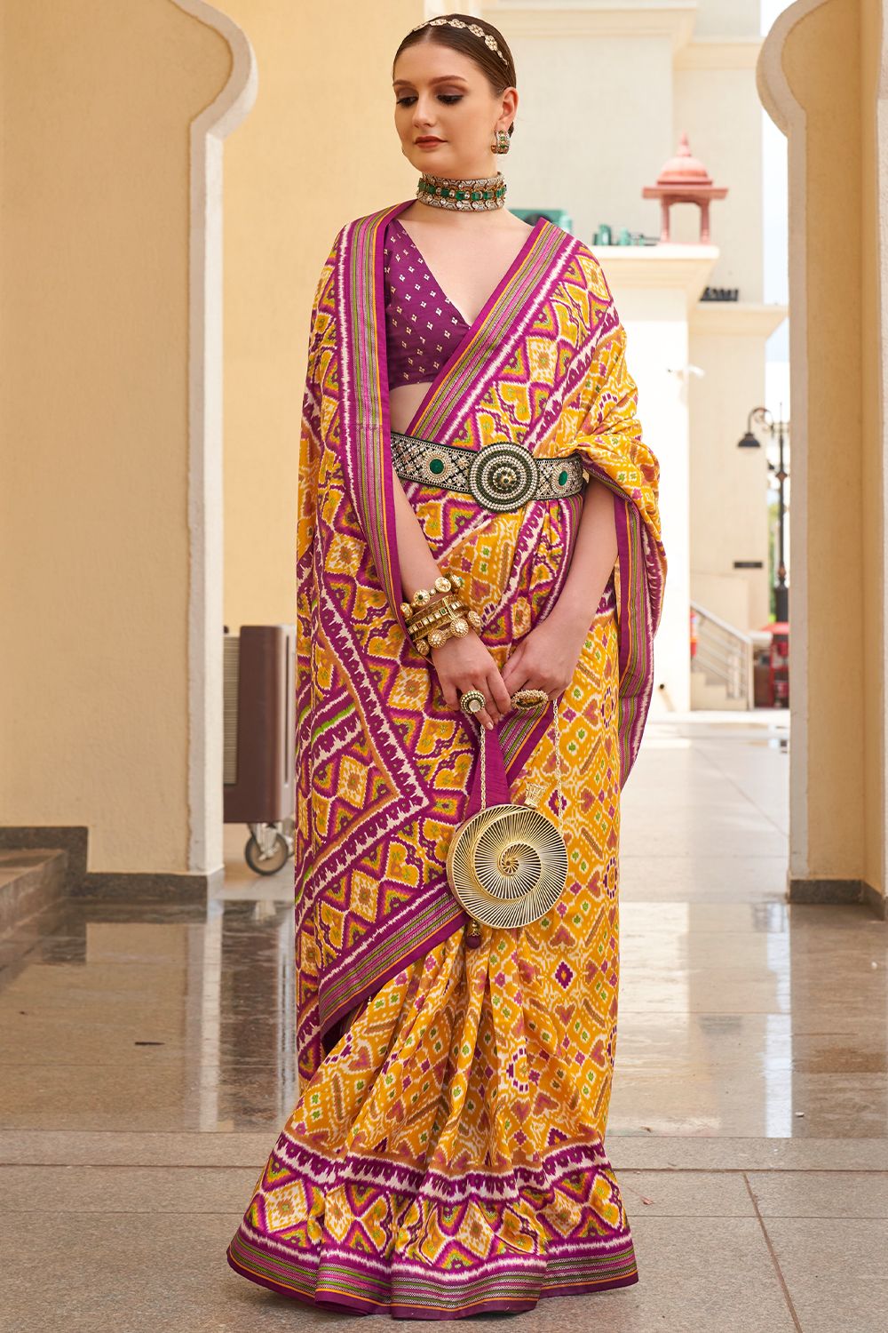 Mustard Yellow Foil Print Silk Saree
