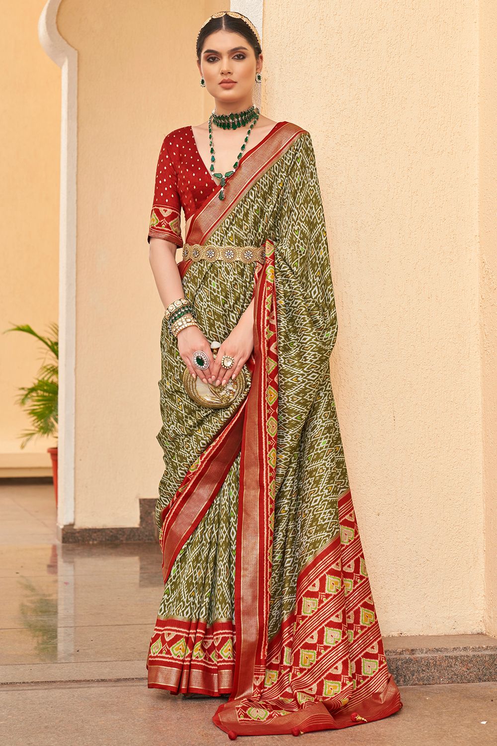 Olive Green Ikat Silk Saree