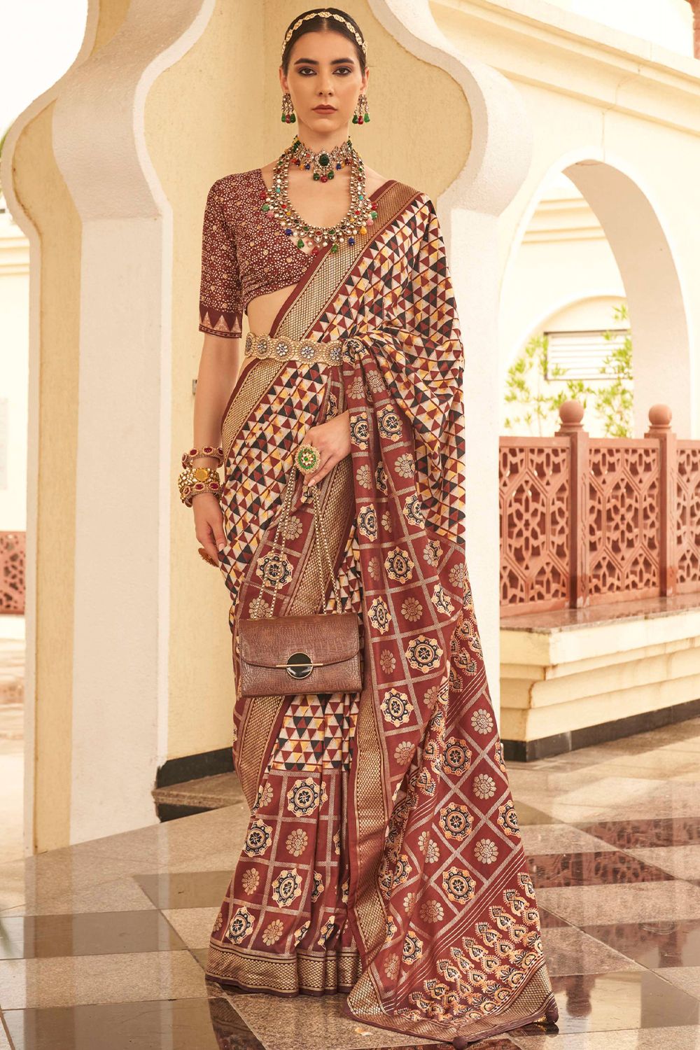 Dazzling Brown Geometric Print Silk Saree