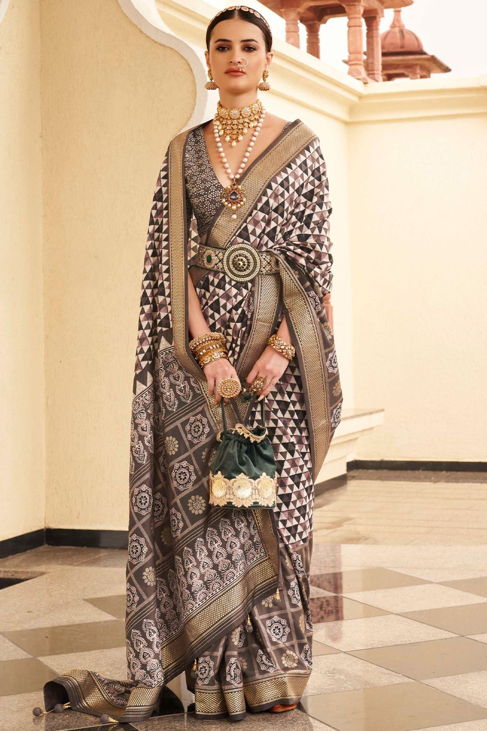 Brown Geometric Print Silk Saree 