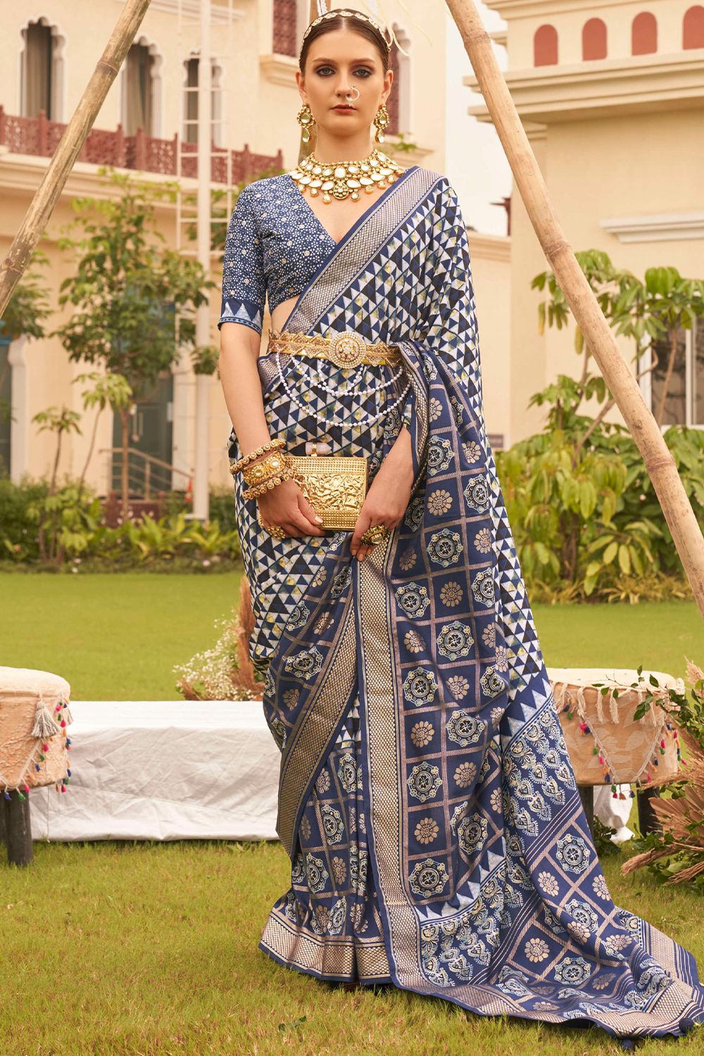 Navy Blue Geometric Print Silk Saree 