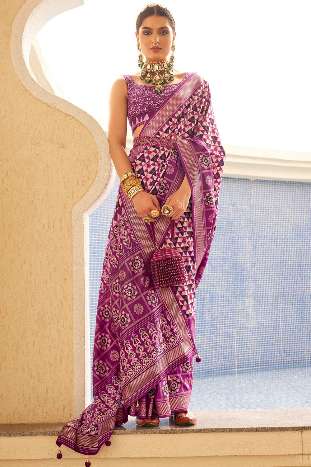 Fuchsia Geometric Print Silk Saree 