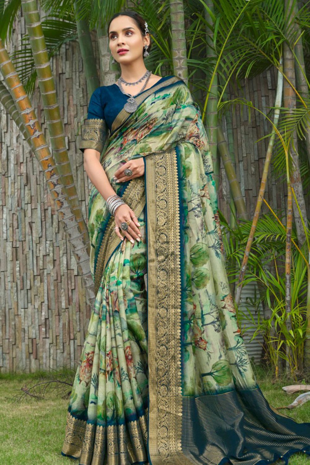 Pistachio Green Printed Silk Saree With Floral Motifs