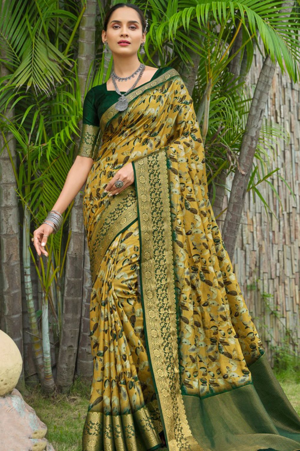 Yellow Printed Silk Saree With Green Motifs