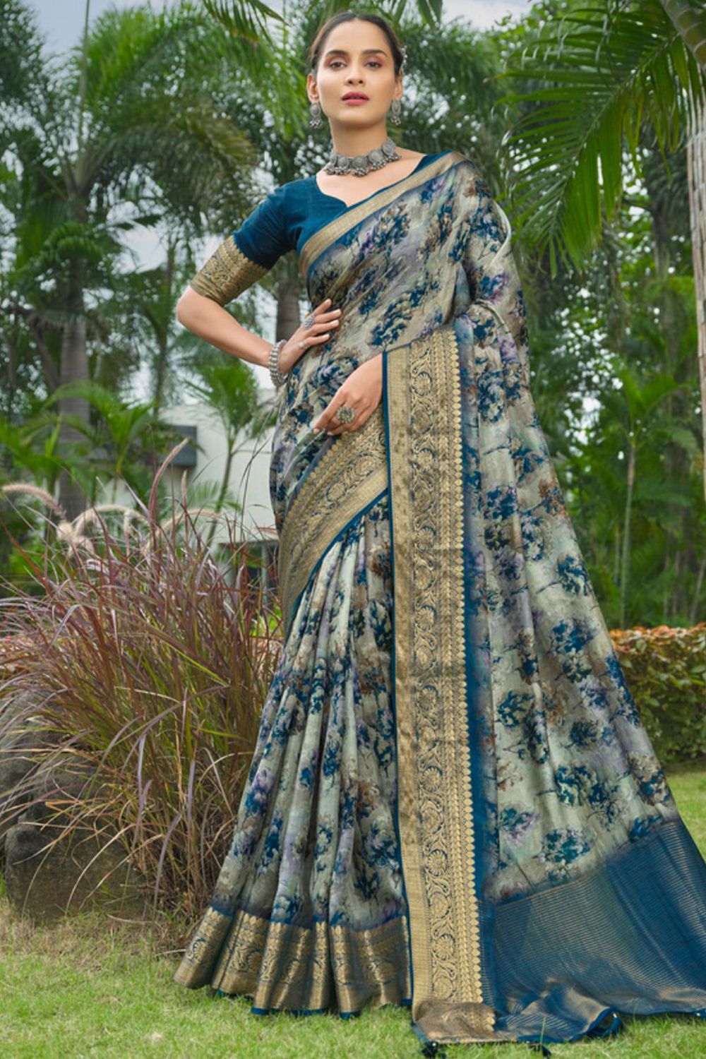 Light Beige Printed Silk Saree With Blue Motifs