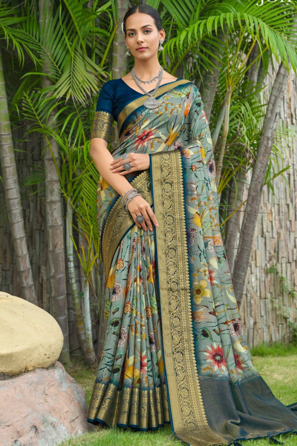Mint Blue Printed Silk Saree With Broad Border