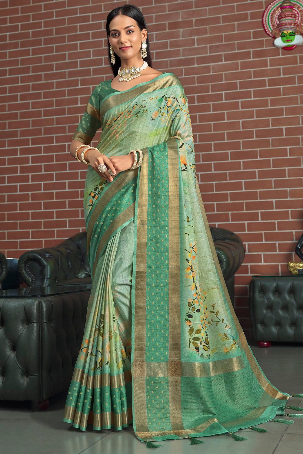 Grass Green Printed Silk Saree