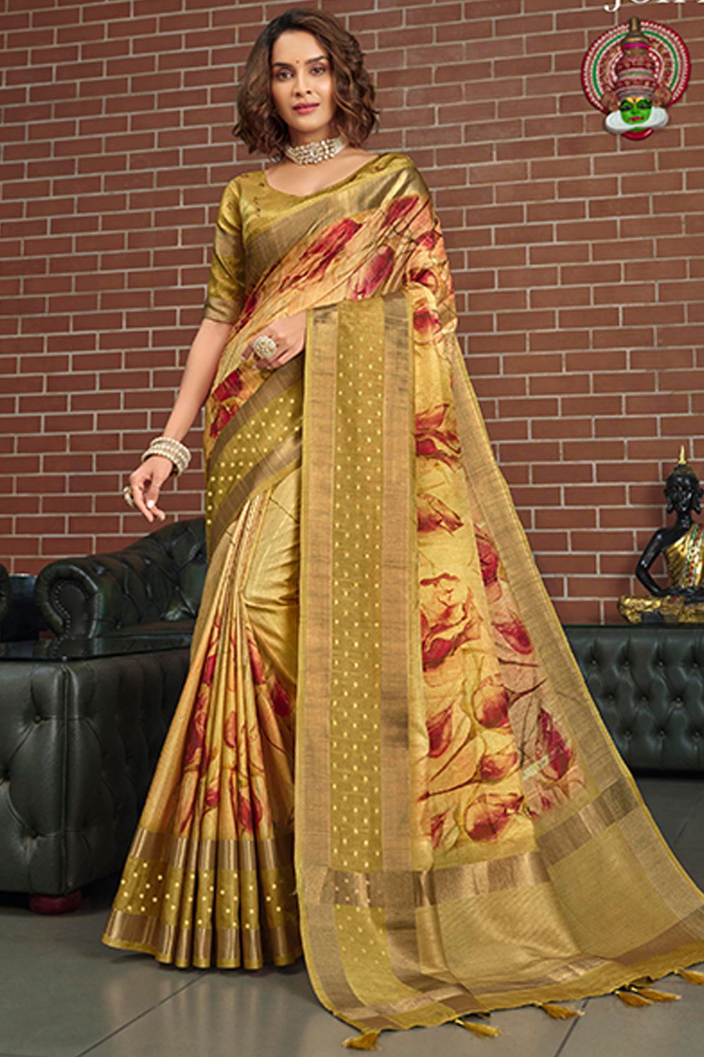 Mustard Yellow Printed Silk Saree