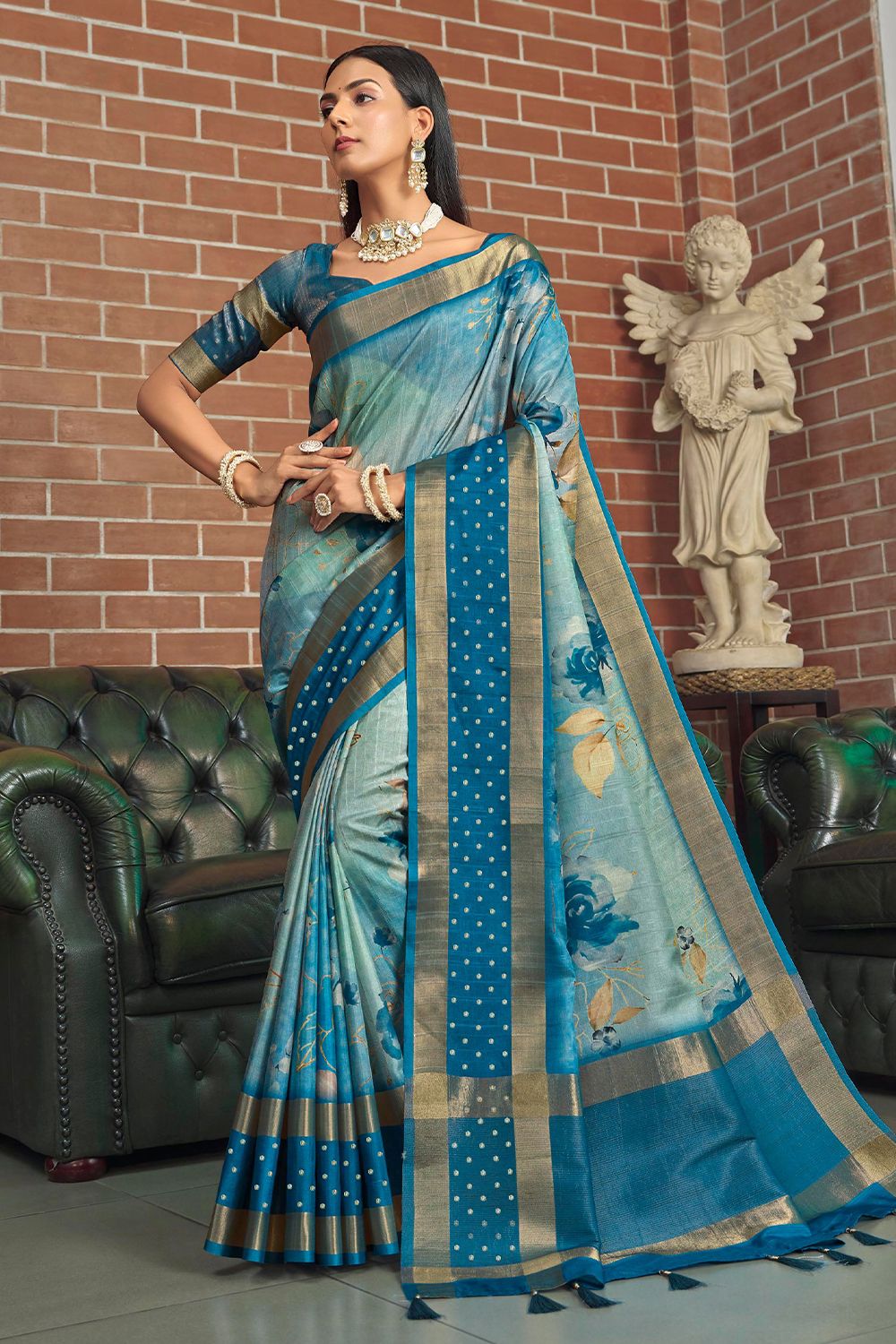 Sky Blue Printed Silk Saree