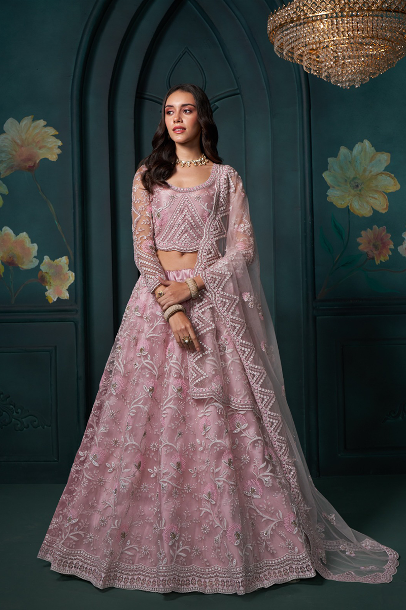 Dusty Pink Heavy Embroidered Net Lehenga