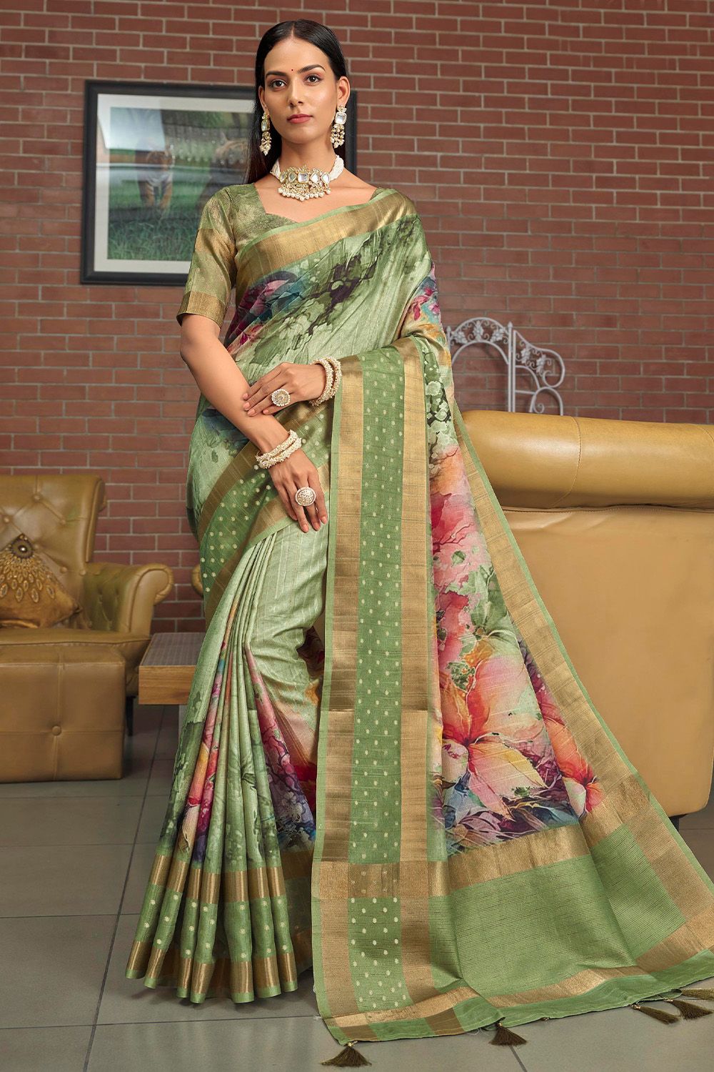 Light Green Printed Silk Saree